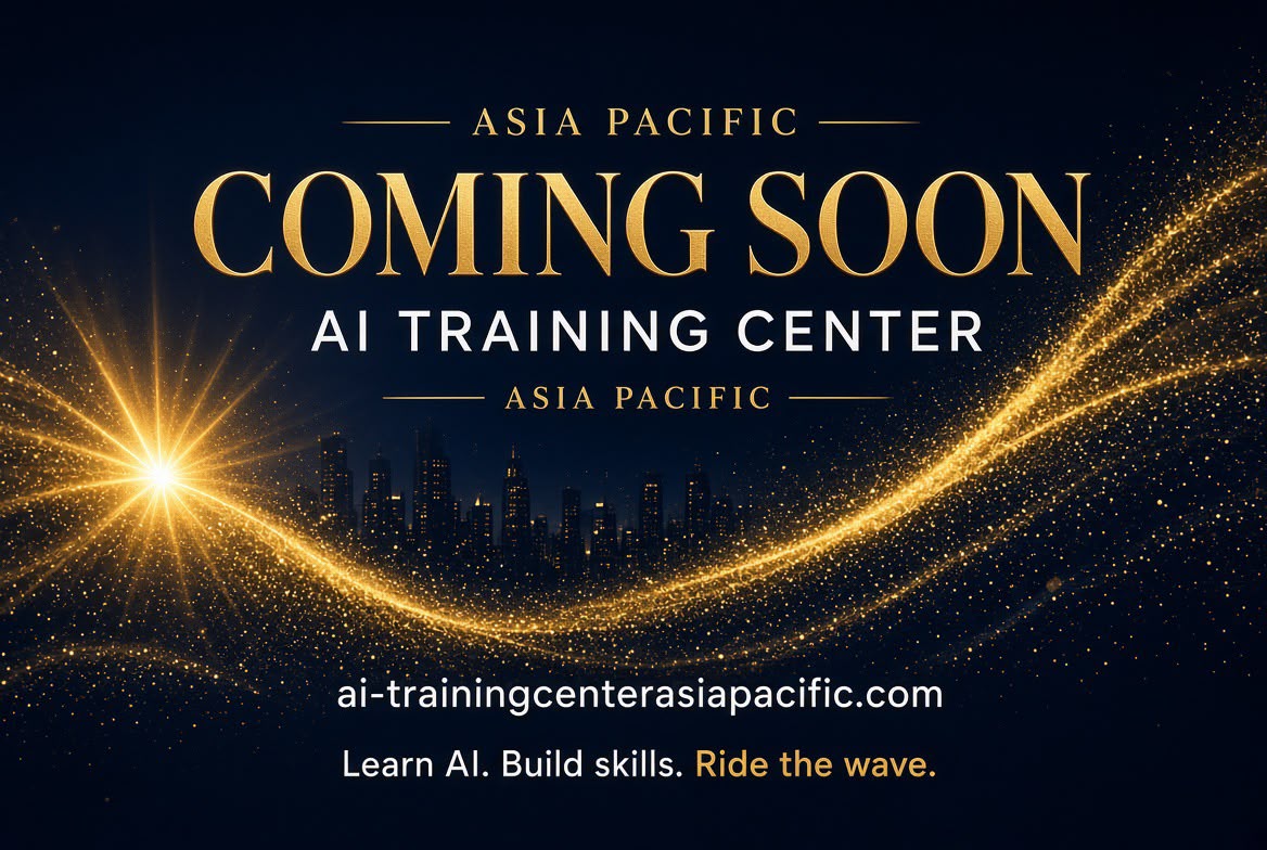 AI Training Center Asia Pacific coming soon artwork with a golden digital wave and Asian city skyline